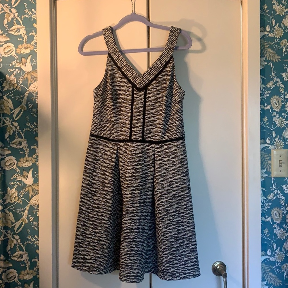 Black and white patterned sleeveless work dress